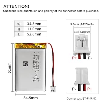 Amazon | EEMBリチウムポリマー電池3.7 V 1800 mAh 103450 Lipo
